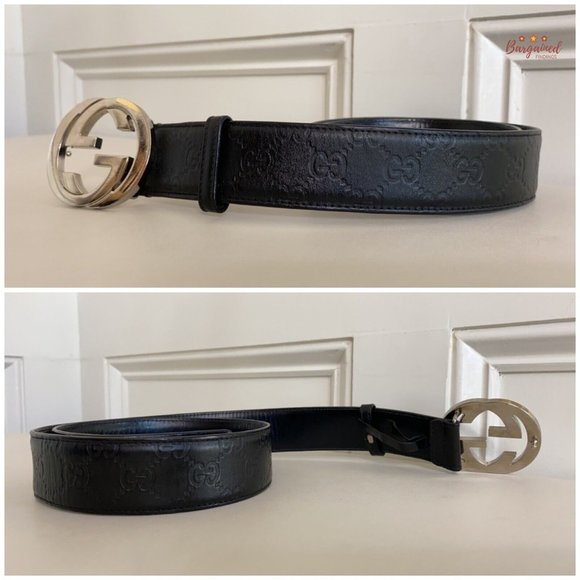 Authentic Gucci Black Guccissima Leather Silver Interlocking G Buckle Belt 85/34 - Picture 10 of 13